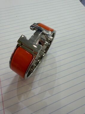 Hermes Orange Enamel and Silver H Cuff Bracelet